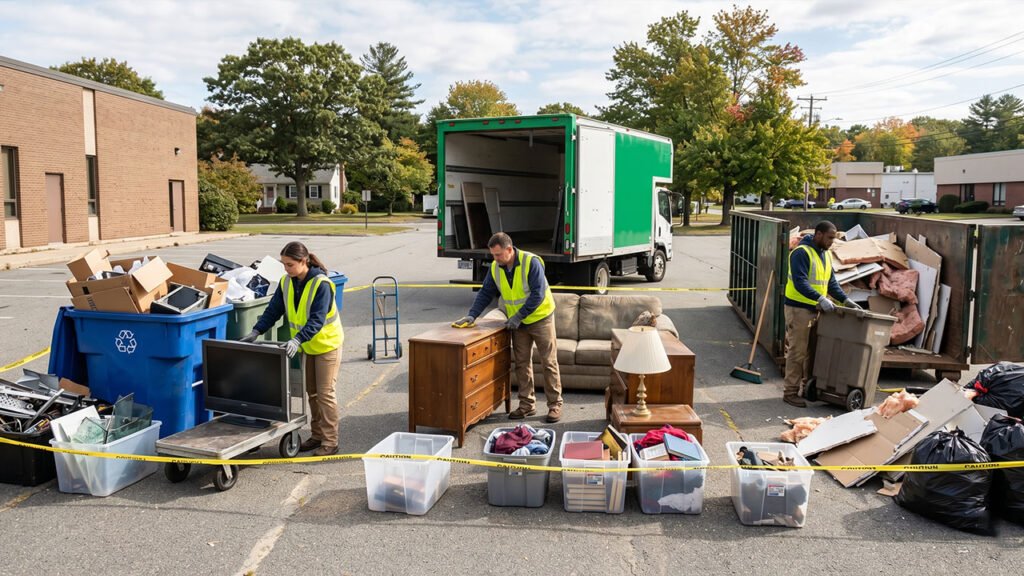 junk removal team carrying boxes and items during cleanout in Massachusetts